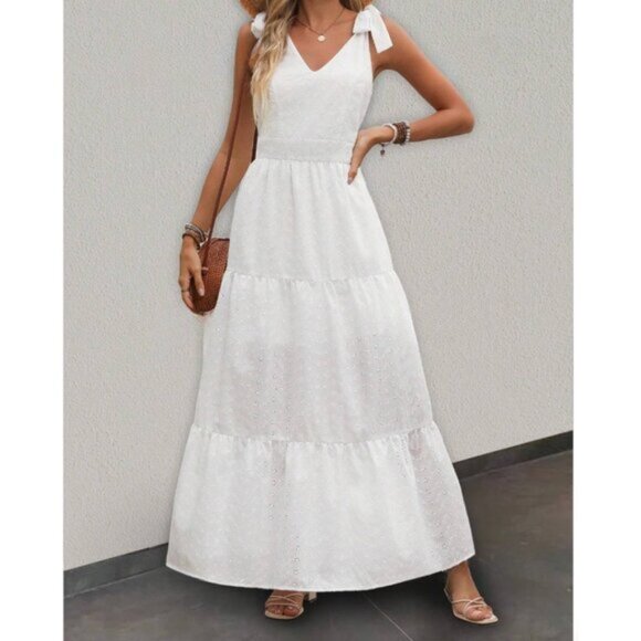 Eyelet Embroidery Shoulder Tie Ruffle Hem Dress White - Picture 2 of 7